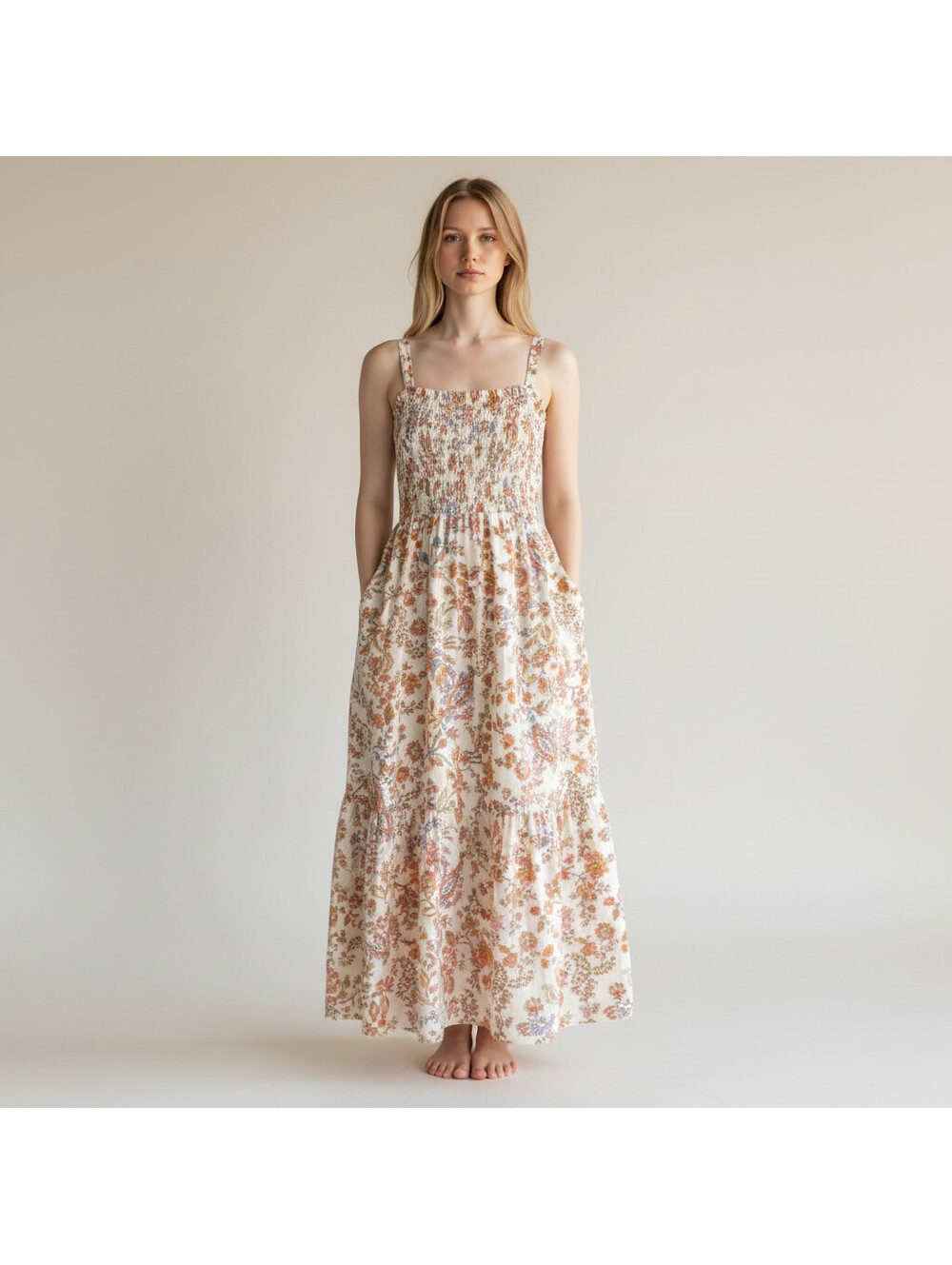 Old Navy Dress Women M Medium Beige Floral Maxi Long Sleeveless Square Neck
